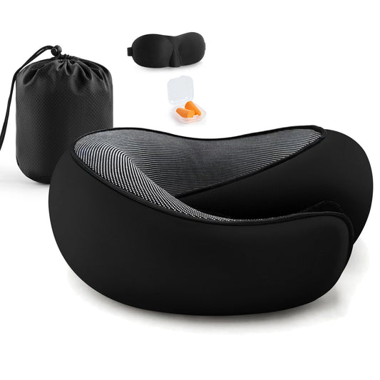 Travel Pillows for Airplanes, Travel Neck Pillow Travel Pillow, 360° Support Memory Foam Travel Pillow with 3D Contoured Eye Mask, Earplugs and Storage Bag for Airplanes Offices, Cars, Black