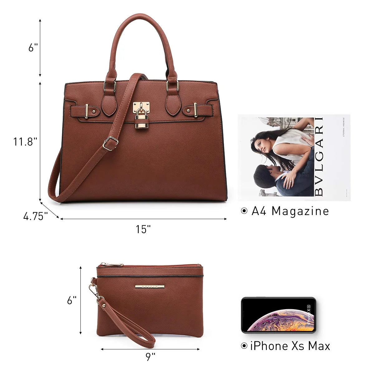 Women Handbags and Purses Ladies Shoulder Bag Top Handle Satchel Tote Work Bag with Matching Clutch