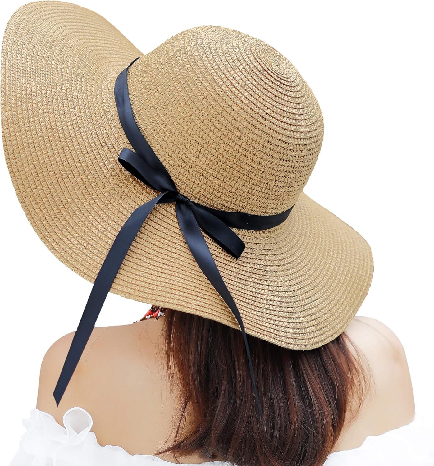 Womens Wide Brim Straw Sun Hat Floppy Foldable Roll up Cap UPF 50+ Summer Beach Hats