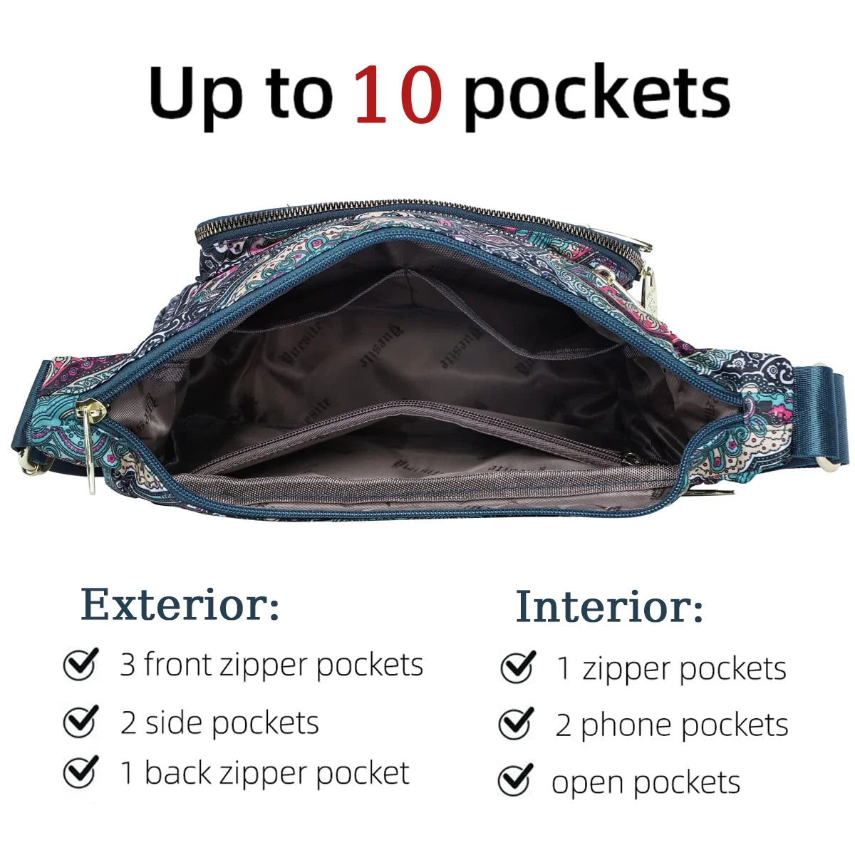 Crossbody Bag for Women Multi Pocket Shoulder Purse Bags Nylon Ladies Travel Handbag with Adjustable Straps
