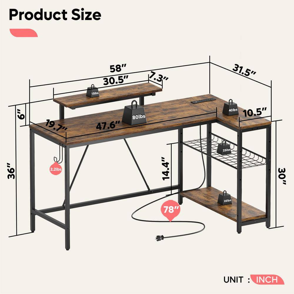 58 In. L-Shaped Rustic Brown LED Gaming Desk with Storage Shelf and Power Outlets