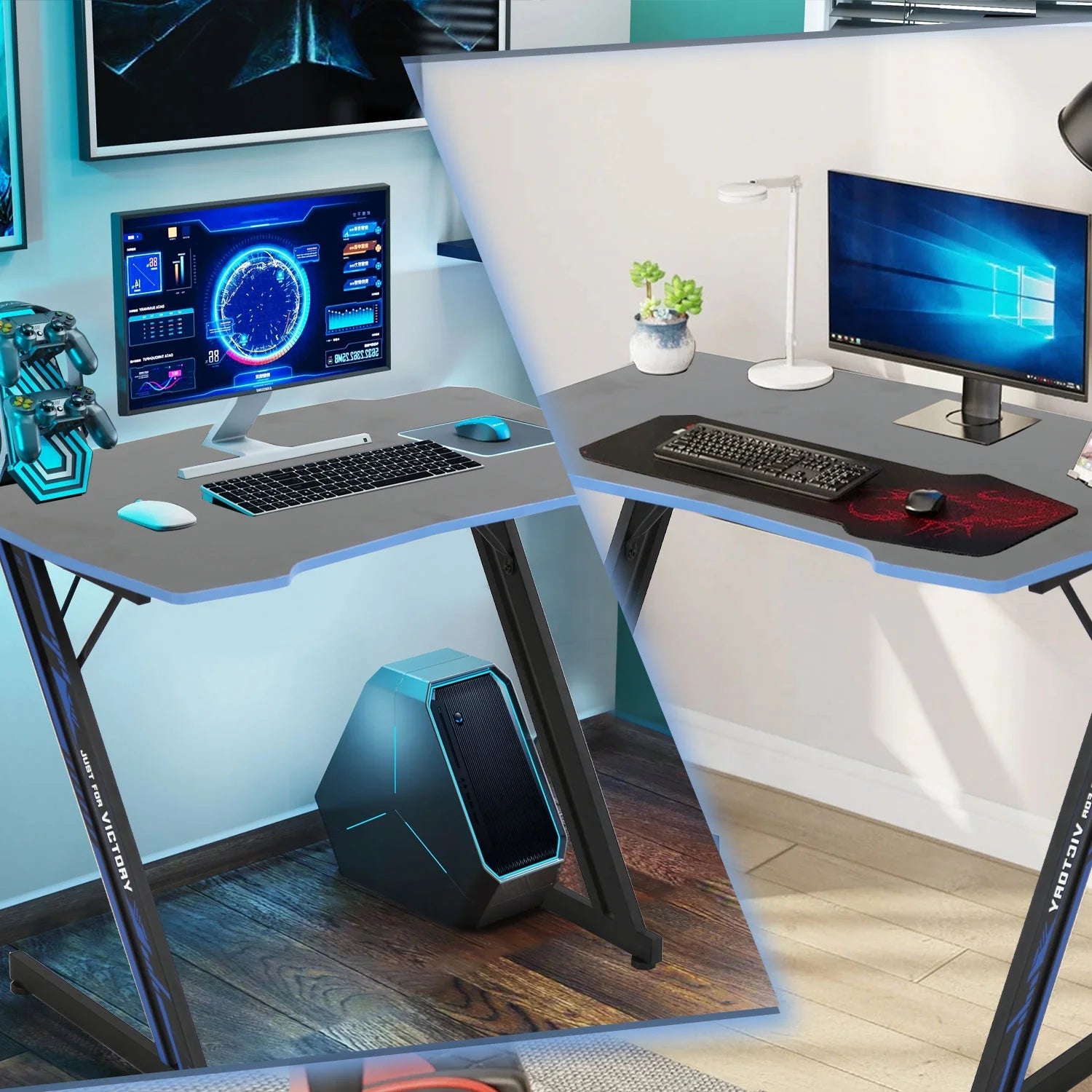 39 Inch Small Gaming Desk, Z Shaped PC Computer Desk Gaming Workstation with Headphone Hook, Ergonomic Gaming Table PC Desk for Game Players, Blue