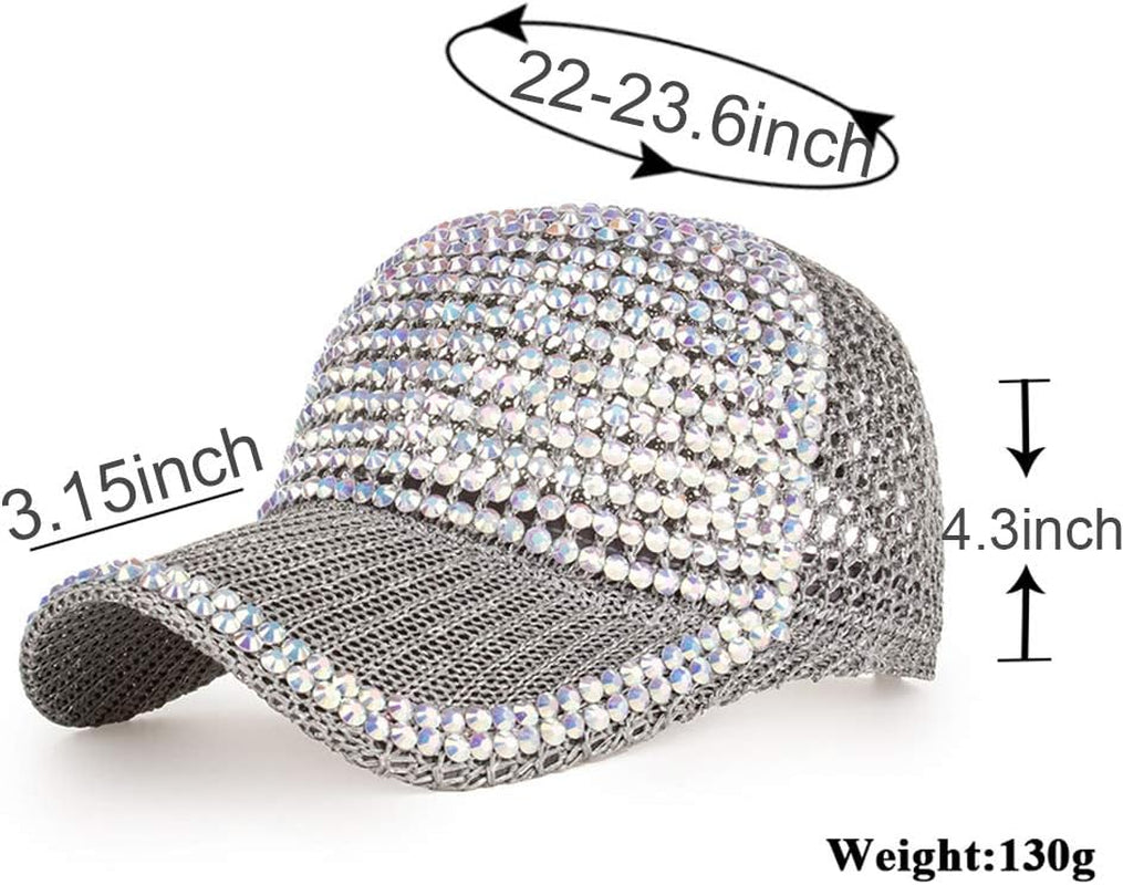 Women Men Studded Rhinestone Crystals Adjustable Ponytail Mesh Baseball Cap Shiny Bling Casual Sports Cap Breathable Sun Hat