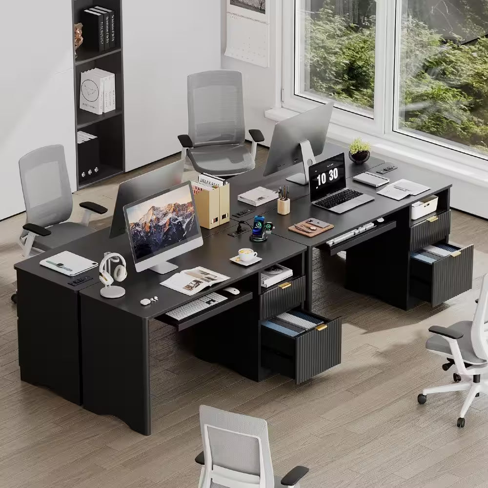 55 In. Black Office Desk with Power Outlets, 2-Storage Drawers and Keyboard Tray