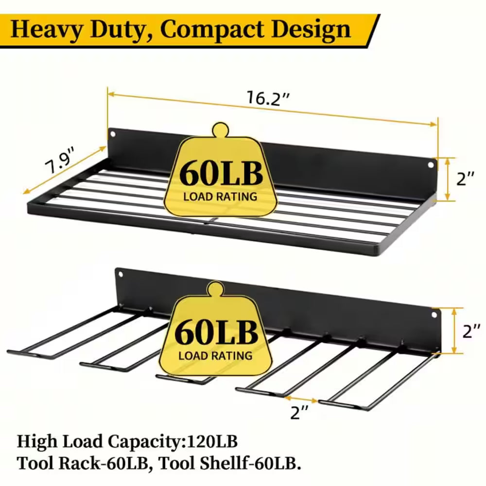 Black Utility Storage Rack, Wall Mounted Power Tool Organizer Holder with 2-Layers and 4-Drill Holder