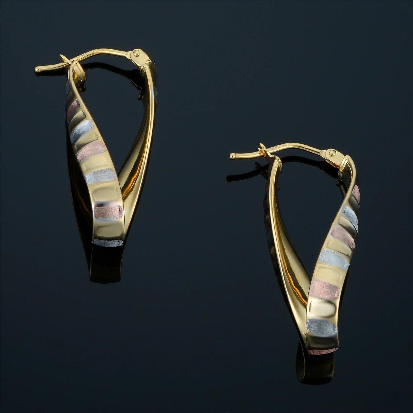 Kooljewelry 14K Tricolor Gold Scalloped Twisted Oval Hoop Earrings