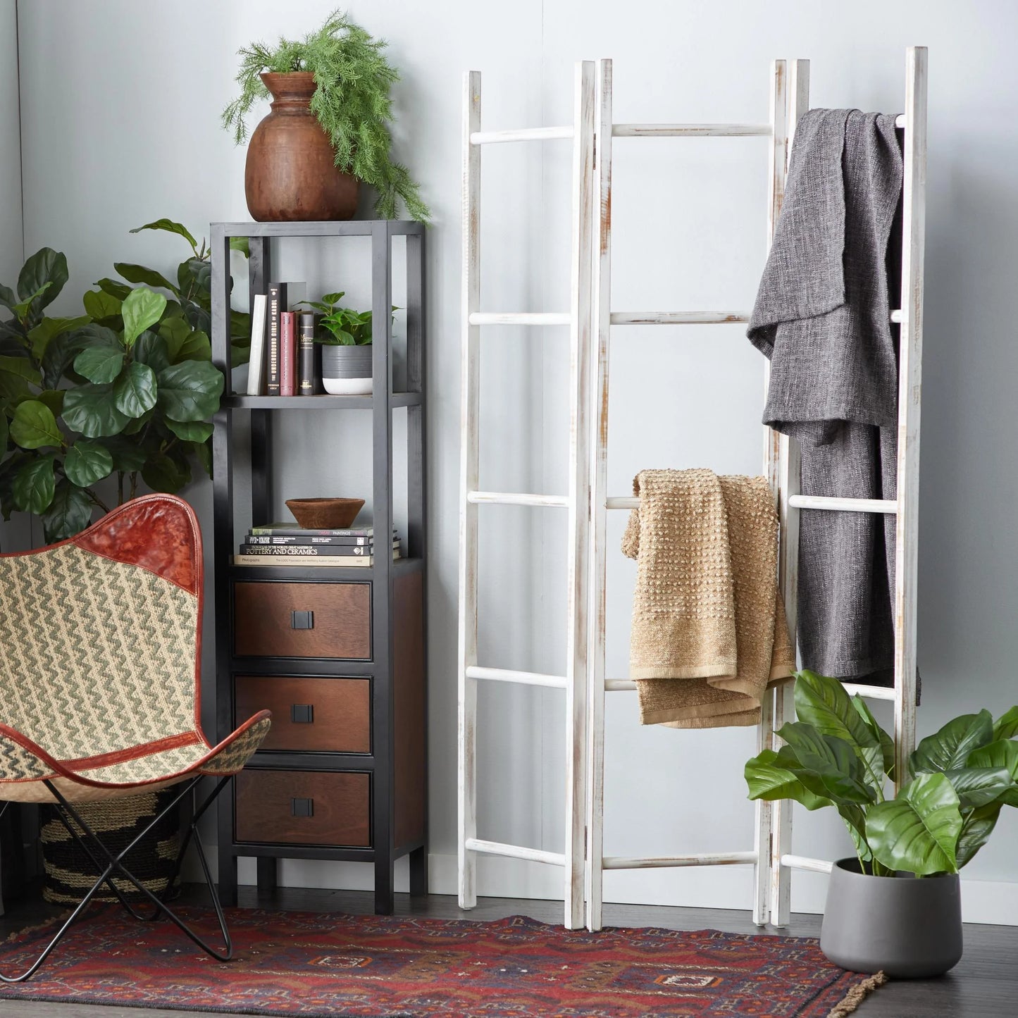 48" X 71" White Wood Ladder 15 Rung Ladder with 3 Panels, 1-Piece