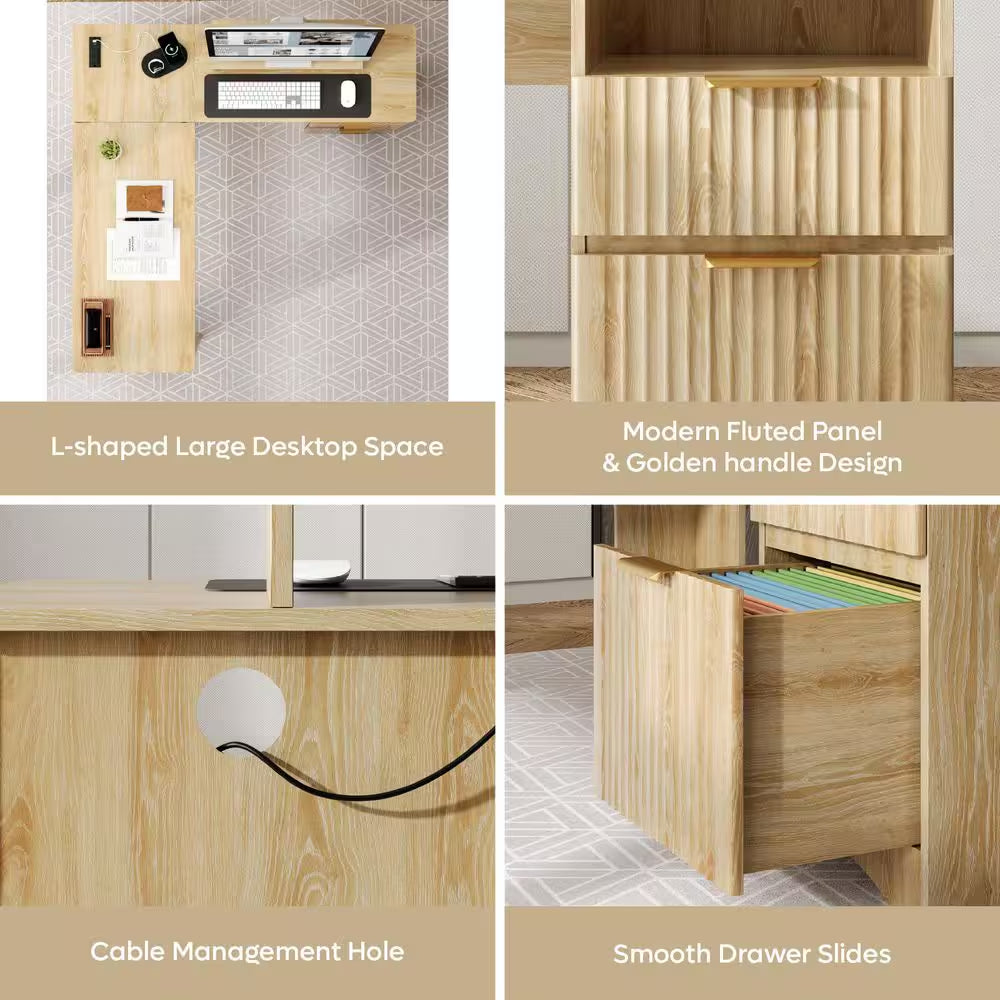 55 In. Natural 2-Storage Drawers L-Shaped Computer Desk with Power Outlets, Lift-Top and Monitor Stand