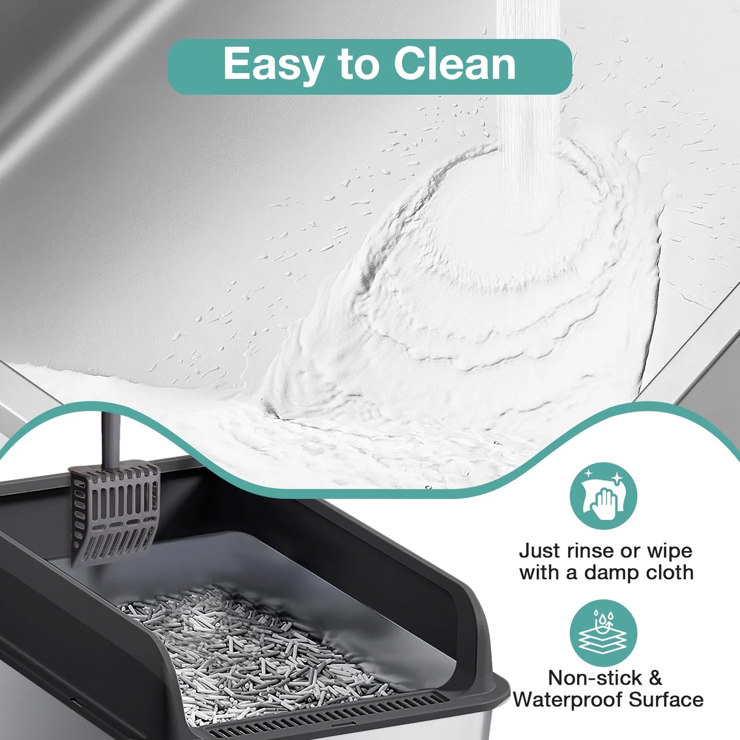 L Stainless Steel Cat Litter Box for Big Cats, MS-50 Metal Cat Litter Box with Scoop & Mat, Dark Gray