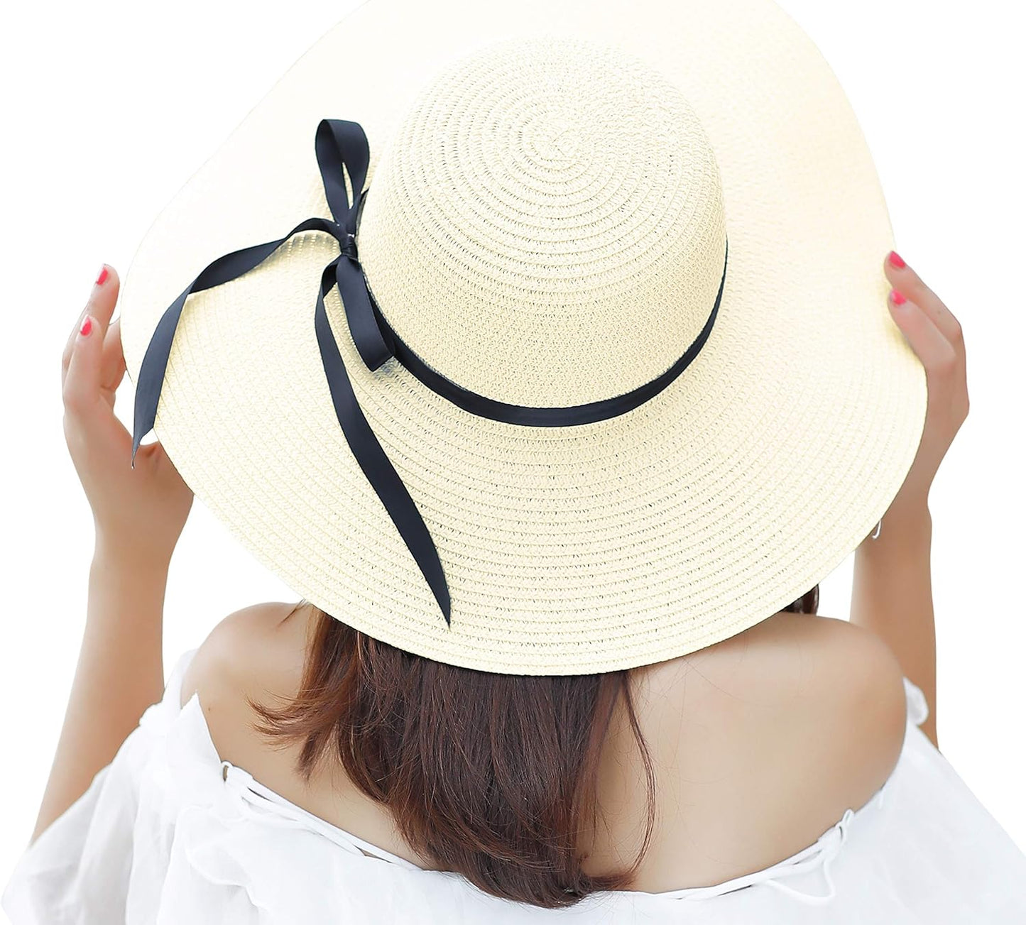 Womens Wide Brim Straw Sun Hat Floppy Foldable Roll up Cap UPF 50+ Summer Beach Hats