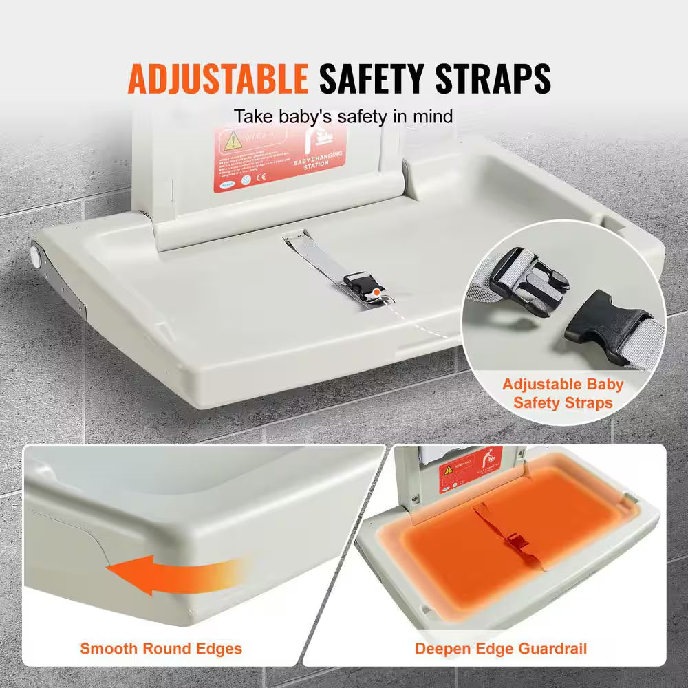 Wall-Mounted Baby Changing Station Horizontal Foldable Diaper Change Table Safety Straps and Hanging Rods