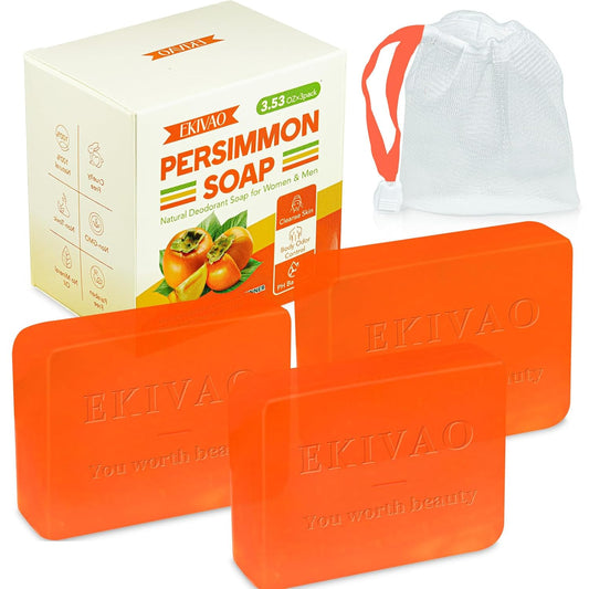 3Pack Natural Persimmon Soap Bar for Body Odor Control, Organic Deodorant Body P