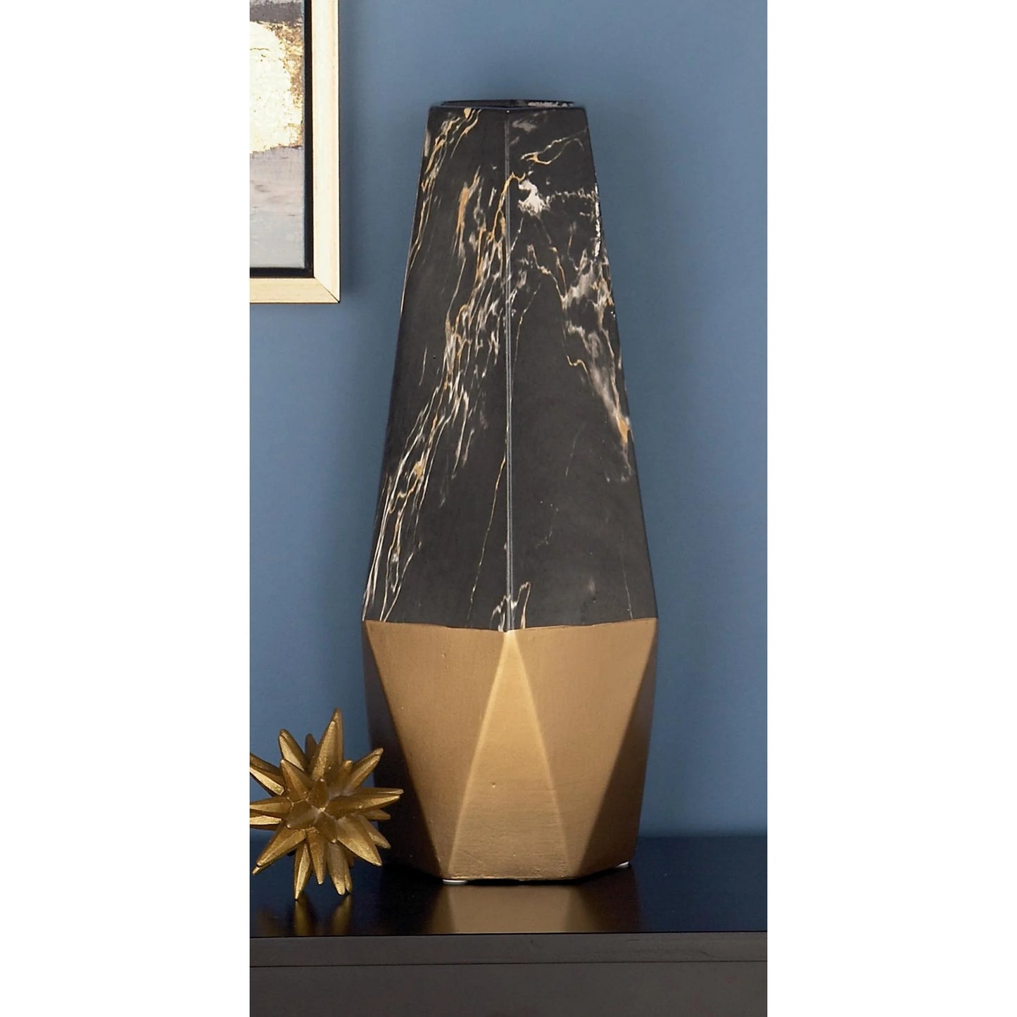 18" Faux Marble Dark Gray Ceramic Vase with Gold Base