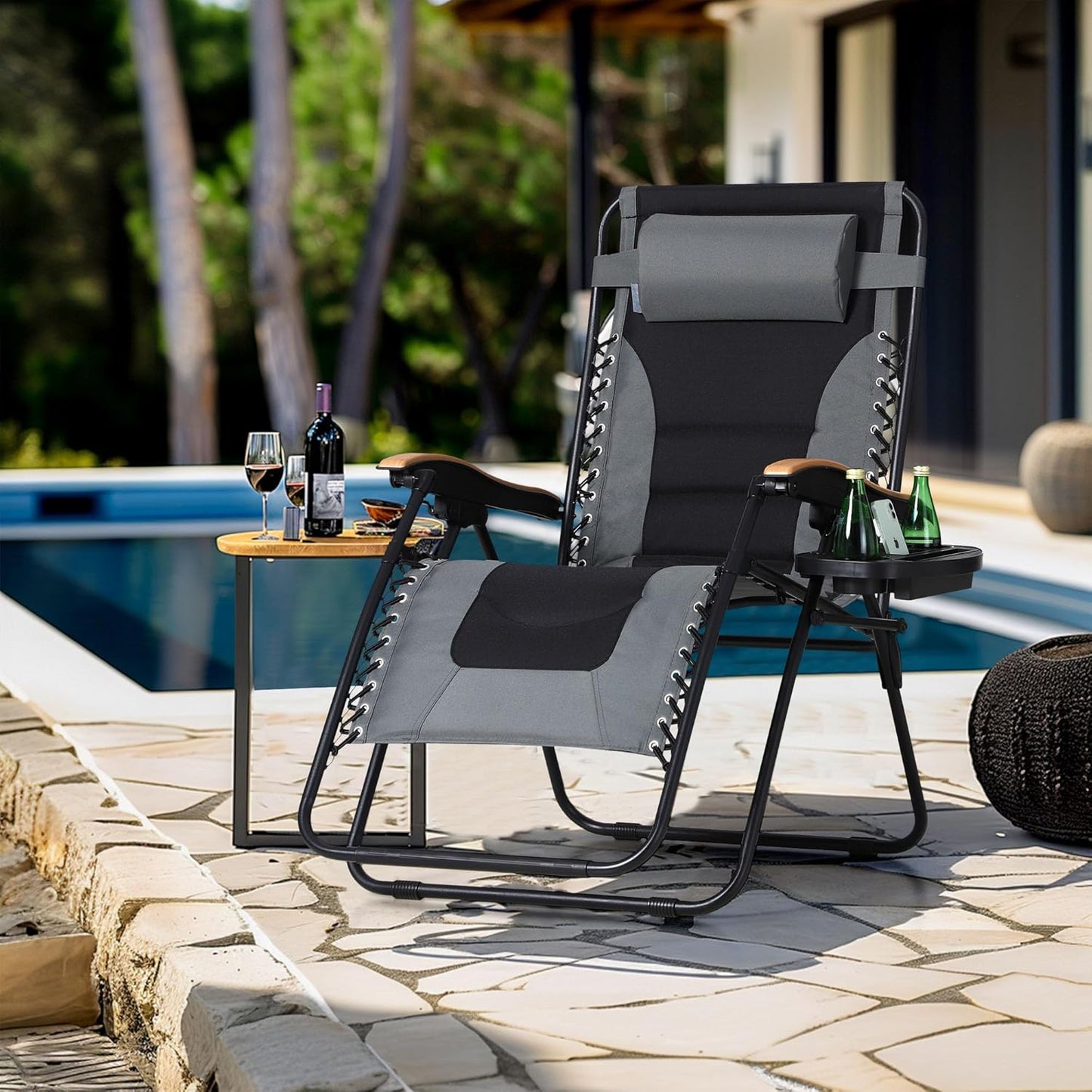 Zero Gravity Chairs, Oversized Patio Recliner Chair, Padded Folding Lawn Chair with Cup Holder Tray, Support 400Lbs, Grey