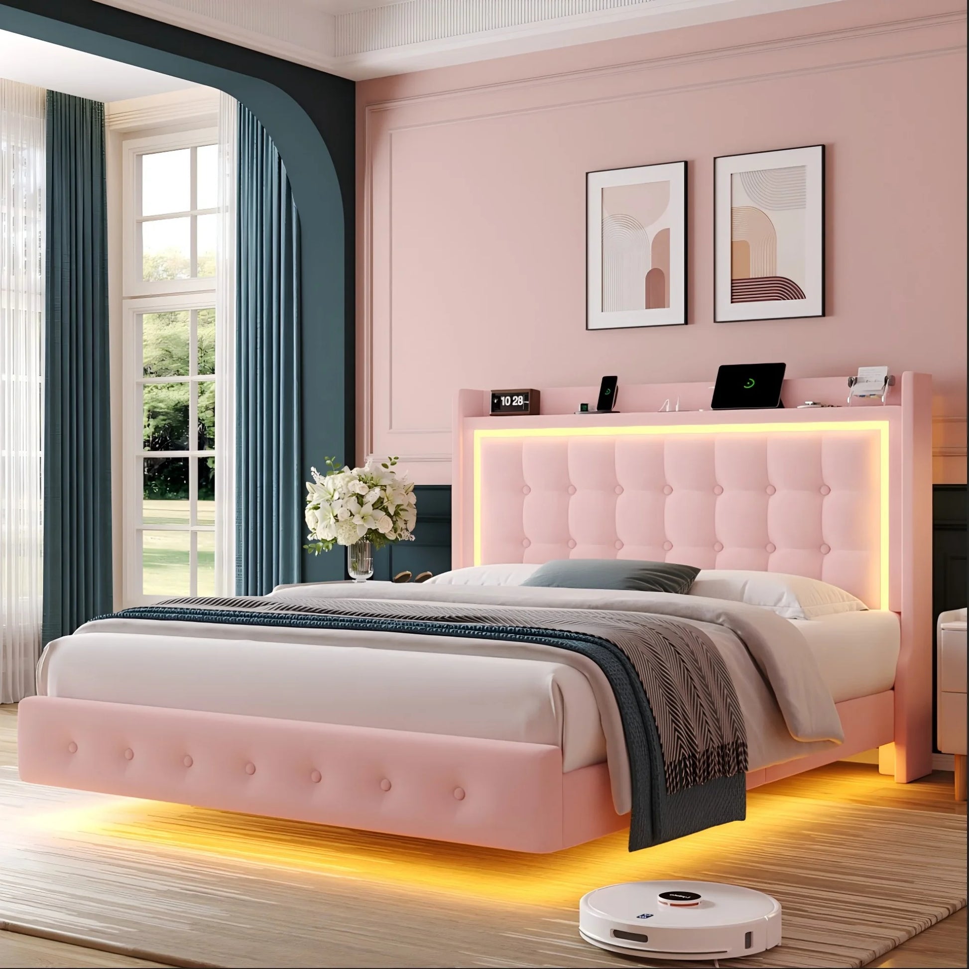 Full Size Floating Bed with RGB LED Lights Charging Station, Velvet Upholstered Platform Bed with Storage Headboard, Pink