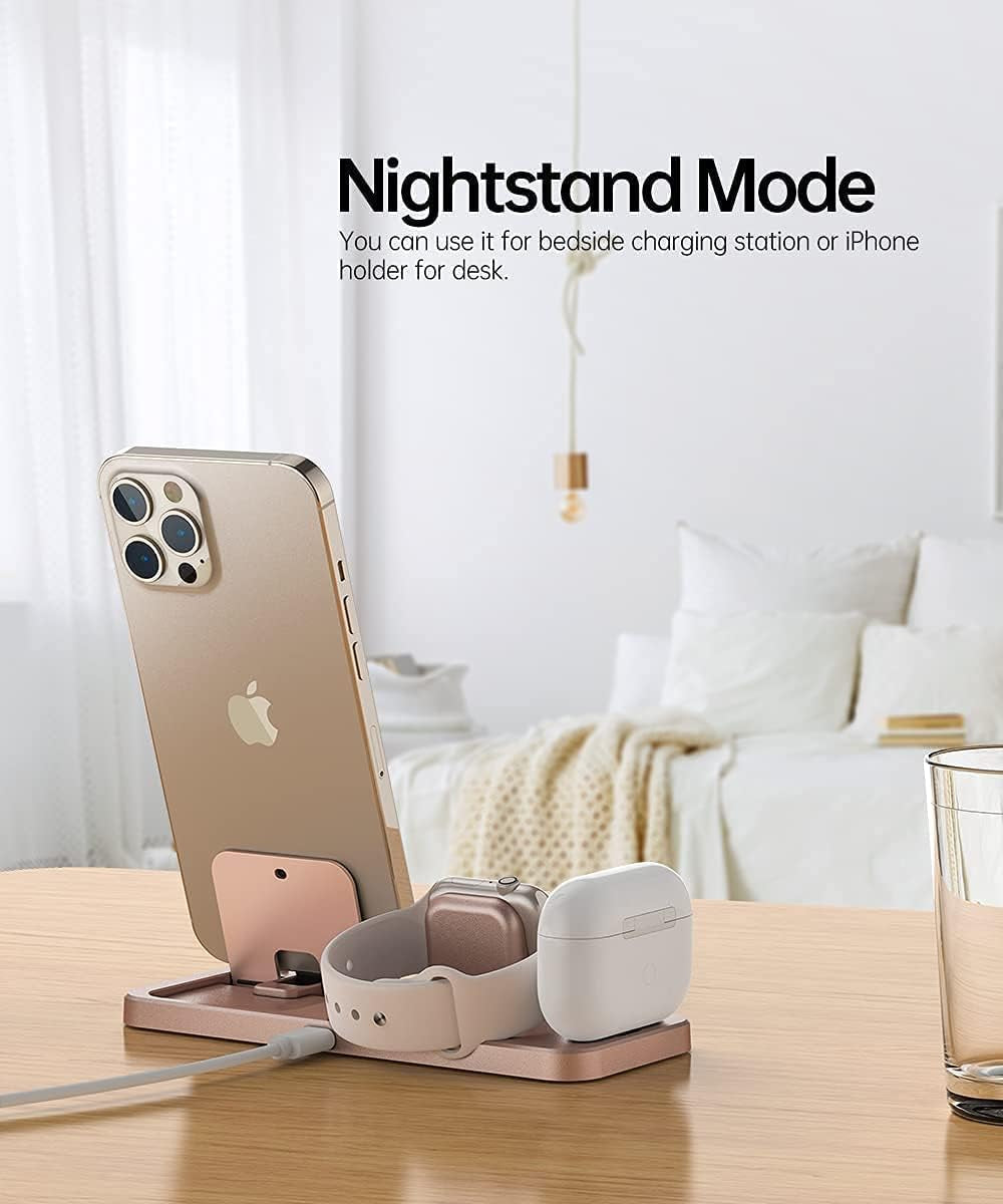 Portable 3 in 1 Charging Station for Apple Devices Foldable Charger Station for Apple Watch 7/6/SE/5/4/3/2/1 Charger Stand, Charging Dock Station for Iphone Airpods Pro 3/2/1 Rose Gold