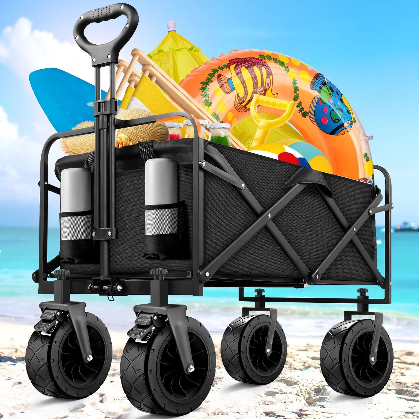 560Lbs Collapsible Folding Wagon, Big Bucket Beach Cart, Heavy Duty Large Capacity Garden Wagon with Multi-Terrain Brake Wheels for Outdoor Camping, Shopping, Sports, Grocery, Kids, Black