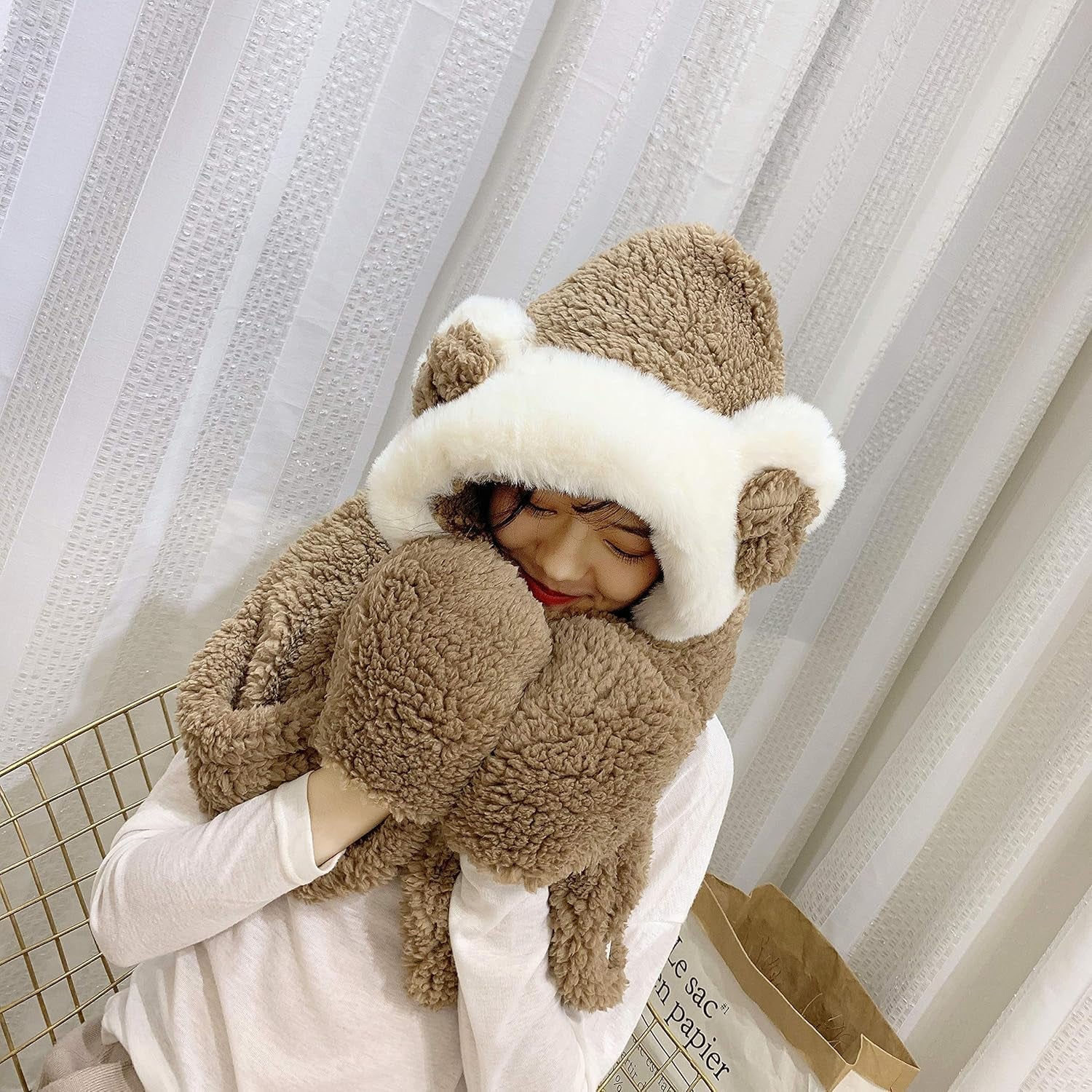 Womens Cute Winter Thick Warm Long Hooded Scarf with Mittens