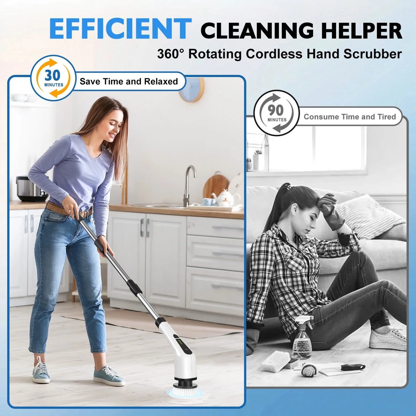 Electric Spin Scrubber, Cordless Bath Tub Power Scrubber with Long Handle & 7 Replaceable Heads, Detachable as Short Handle, Shower Cleaning Brush Household Tools for Bathroom & Tile Floor