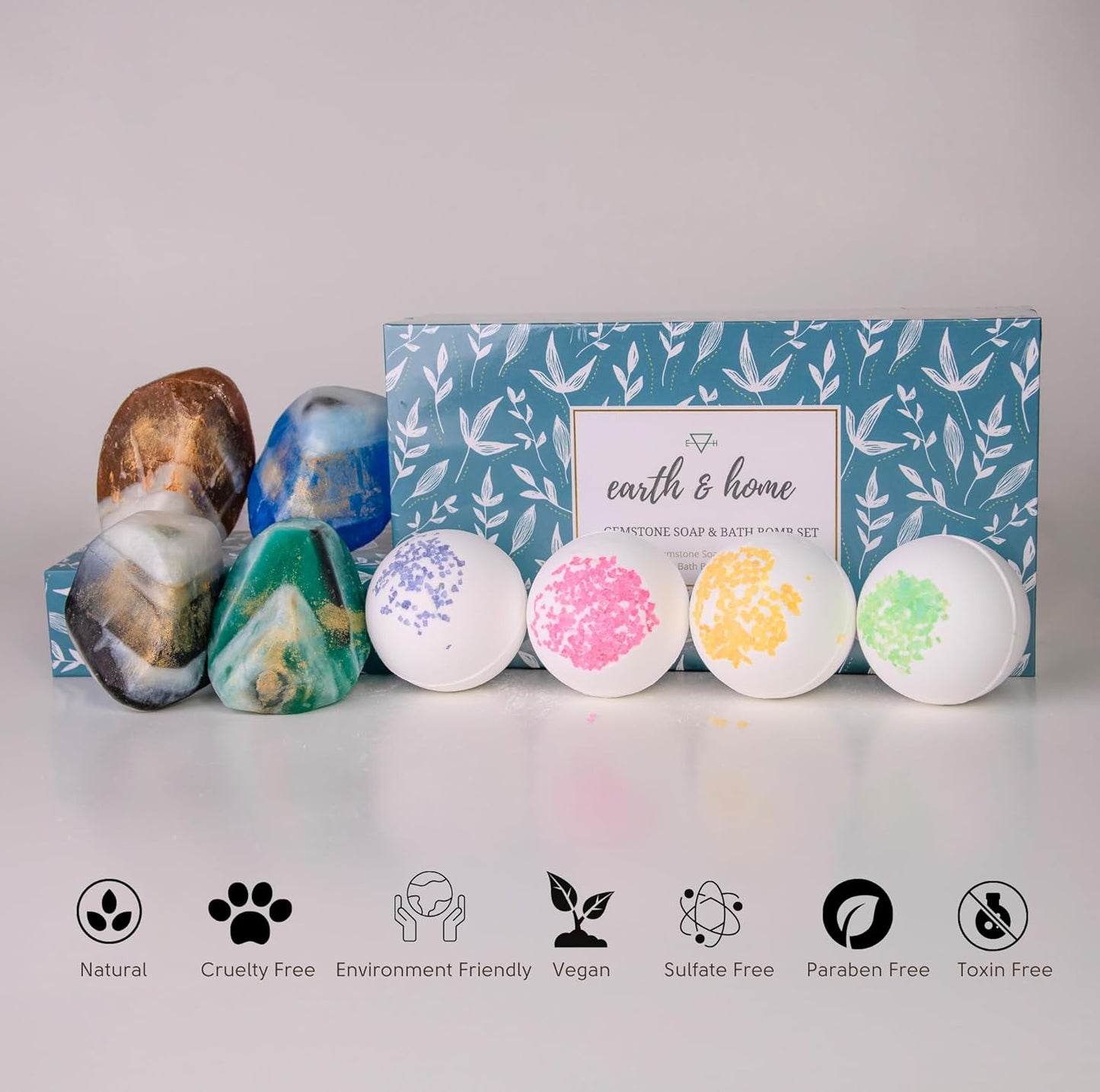 Gemstone Soap & Bath Bomb Set- Relaxing Spa Gift for Women- Mothers Day Gift Set- 4 Decorative Scented Rock Soap with Crystals and 4 Fizzy Bath Bomb- with Natural Ingredients & Essential Oil