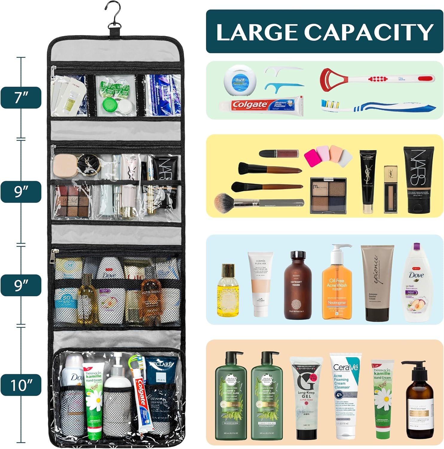 Travel Hanging Toiletry Bag for Women Men, Large Capacity Makeup Bag Kit, Waterproof Cosmetic Storage Organizer Case for Bathroom Shower