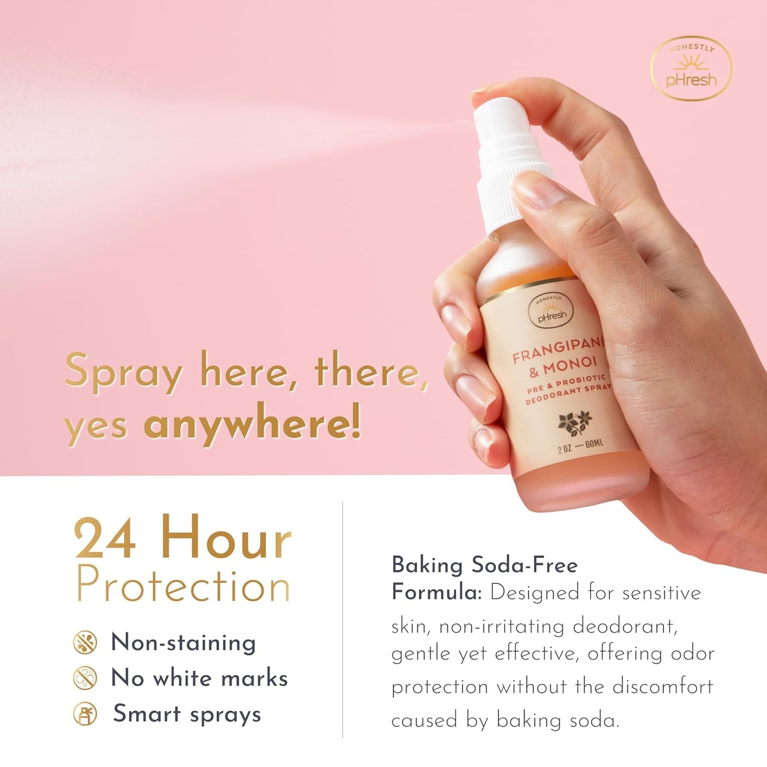 Pre & Probiotic Deodorant Spray for Women – Aluminum & Baking Soda Free Natural Deodorant Mist with 24-Hour Odor Protection – Vegan, Made in USA - Frangipani and Monoi Scent, 2Floz