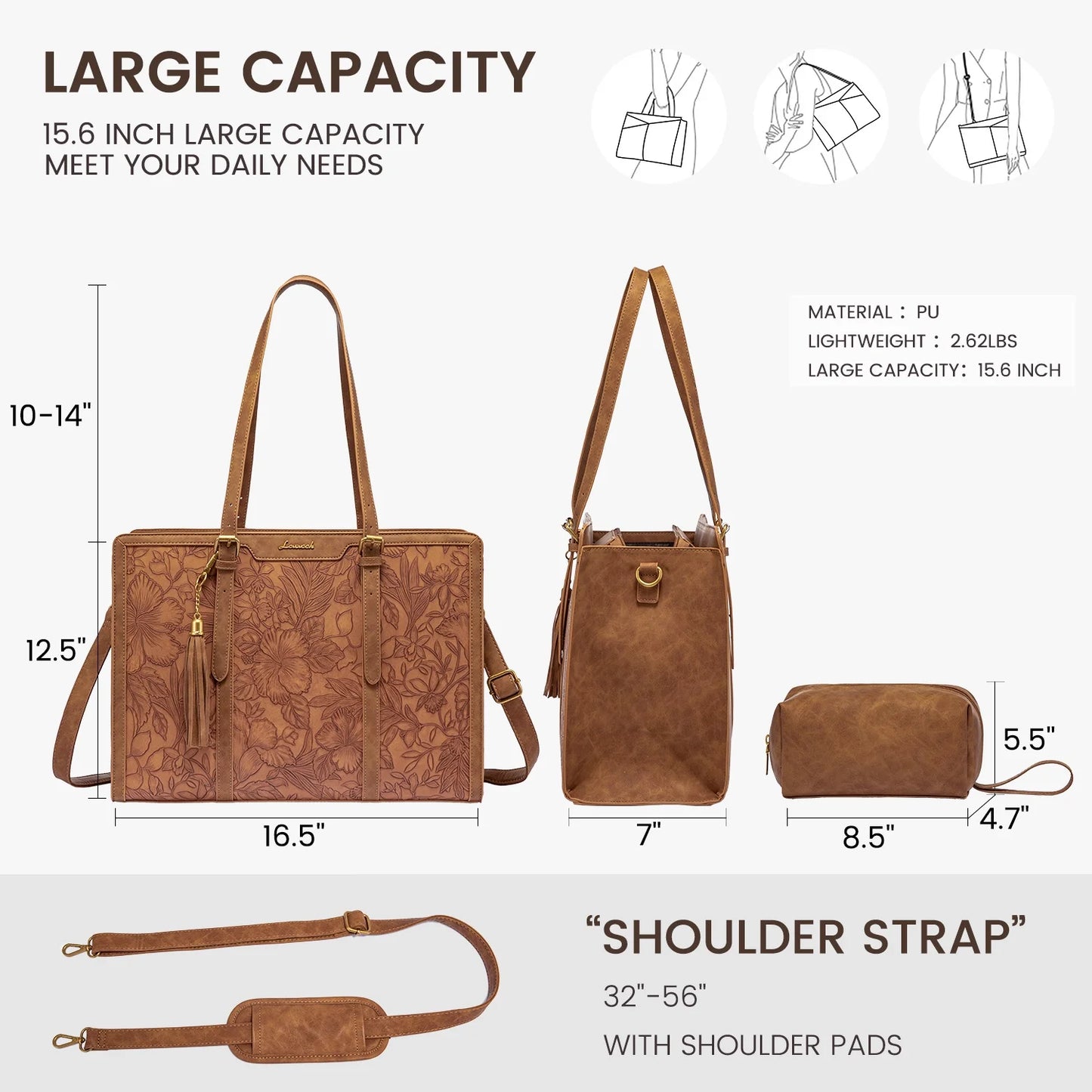 Laptop Bag for Women, Stylish Vintage PU Leather Laptop Work Tote 15.6 In, Elegant Shoulder Bag Designer Bag with Small Clutch Purses