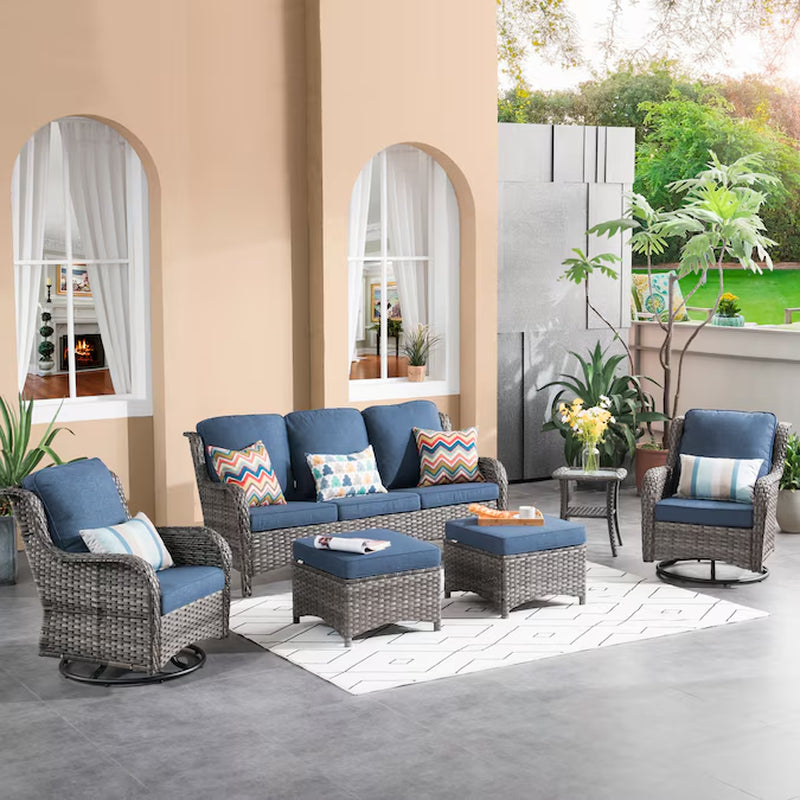 6 -Piece Rattan Patio Sofa Conversation Set with Beige Cushions