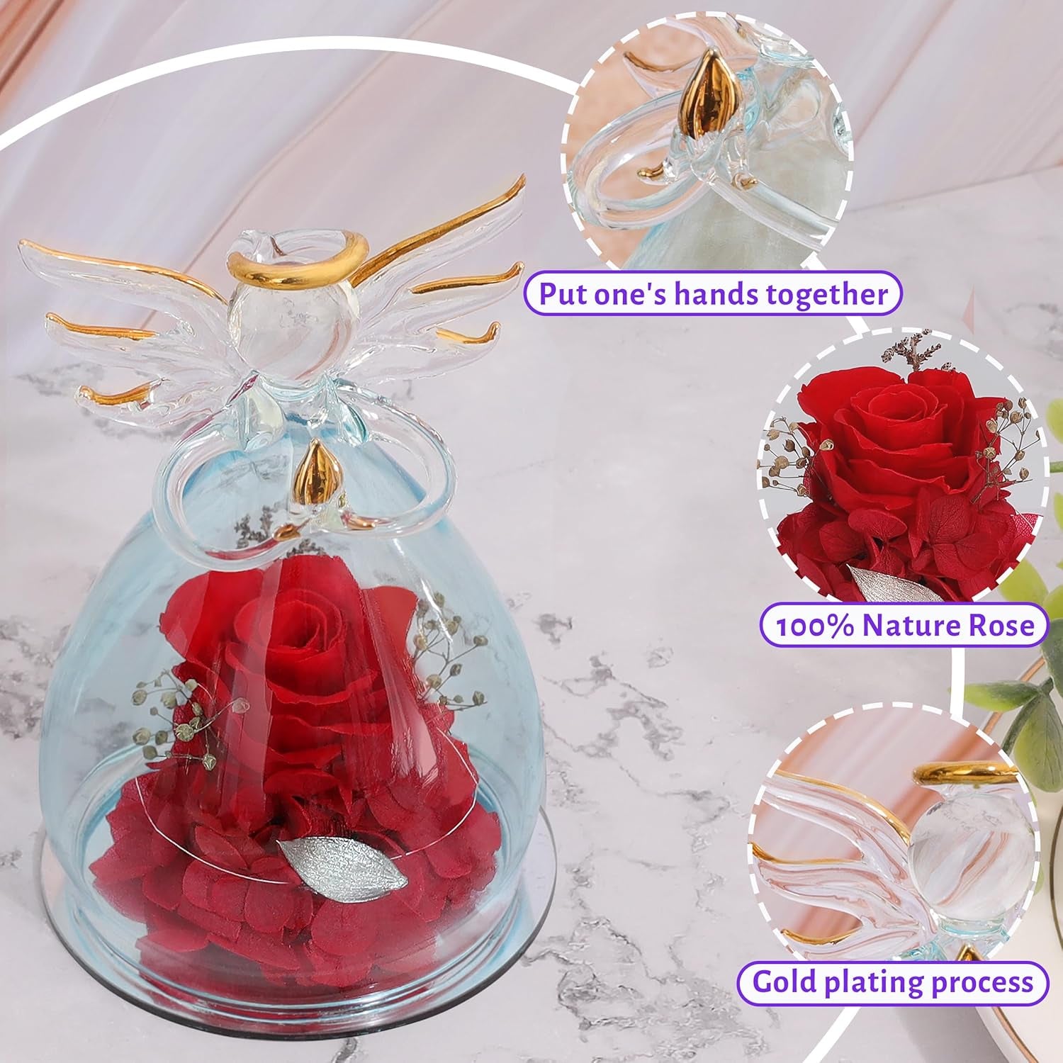Preserved Rose Birthday Gifts for Women Mom Grandma Wife, Glass Angel Figurines Gifts with Pretty Red Flowers for Anniversary Wedding