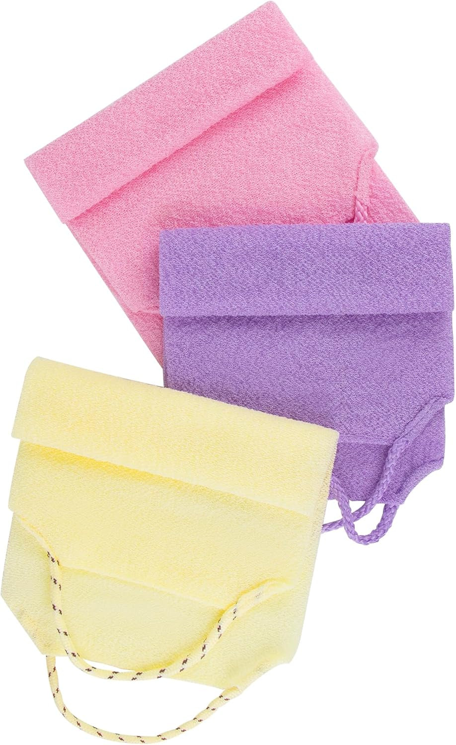 3 Pcs Double-Sided Back Exfoliator Body Scrub Towel, Exfoliating Back Scrubber with Handles,Exfoliating Washcloth Bath Tool in Shower, Stretchable Back Washer to Deep Cleans Skin (Beige,Pink,Purple)