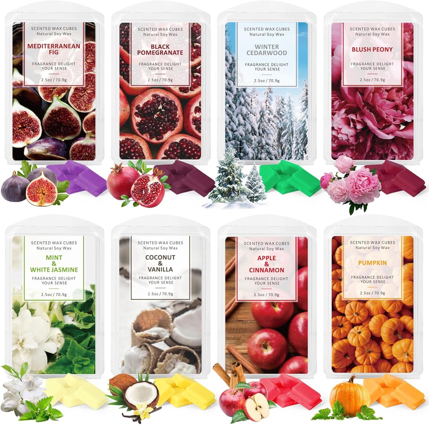 Wax Melts Wax Cubes, Scented Wax Melts for Warmer, Blush Peony, Mediterranean Fig, Black Pomegranate, Coconut Vanilla, Mint & White Jasmine, Winter Cedarwood, Pumpkin and Apple& Cinnamon(8X2.5Oz)