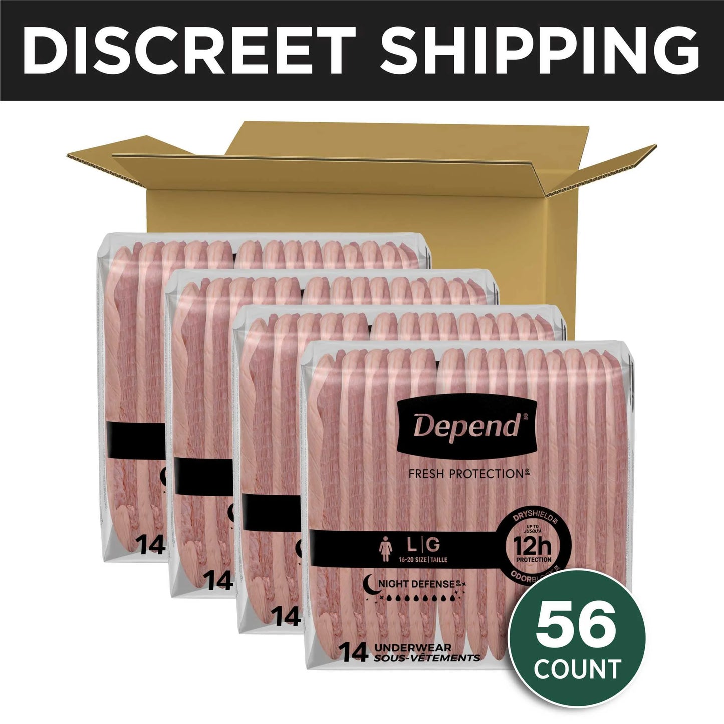 Night Defense Incontinence Underwear for Women, Adult Diapers, L, 56 Count