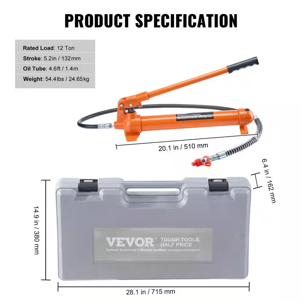 12 Ton Porta Power Kit Portable Hydraulic Jack with 4.6 Ft. Oil Hose, Auto Body Frame Repair Kit 24000Lb Weight Capacity