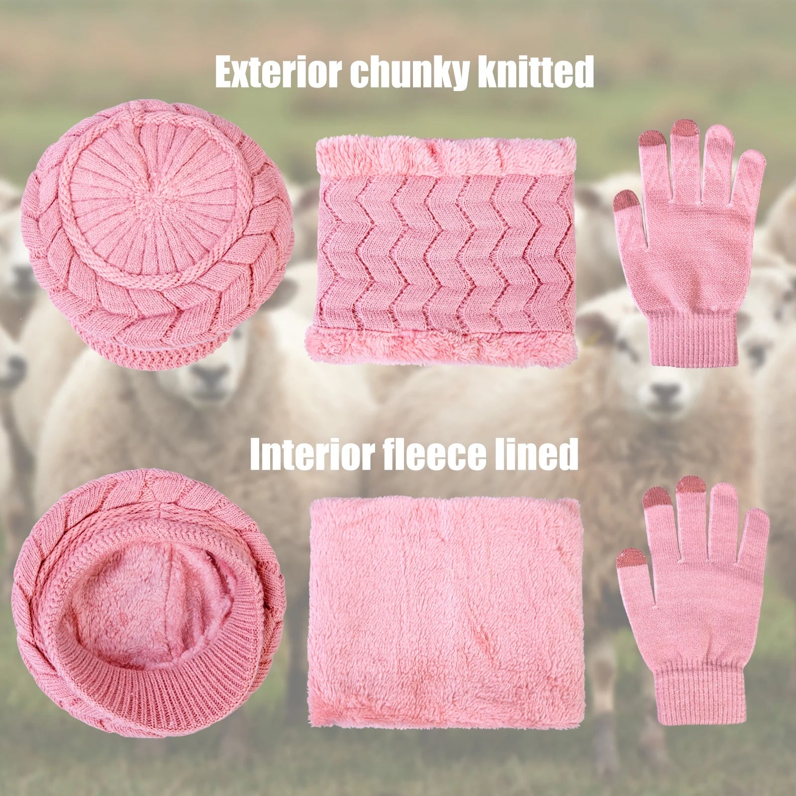 3 Pieces Women Winter Hat Gloves Scarf Set, Knit Beanie Neck Warmer Touch Screen Mittens Pink