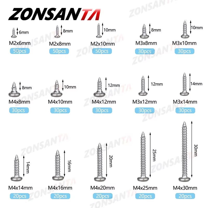 460Pcs M2 M3 M4 Phillips round Head Self Tapping Screw Set Stainless Steel Pan Head Wood Screws Assortment Kit