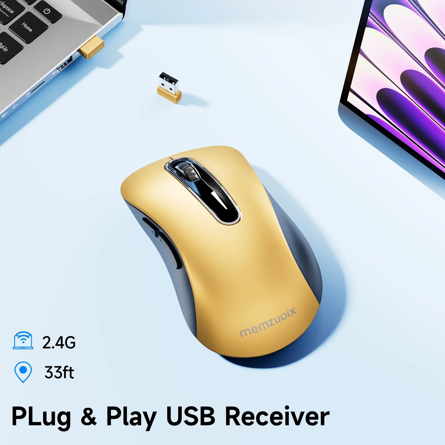 Wireless Mouse, 2.4Ghz with USB Mini Receiver, 1200 DPI Optical Tracking, Ambidextrous for Laptop, PC, Computer, Chromebook, Notebook, 5 Buttons-Bumblebee