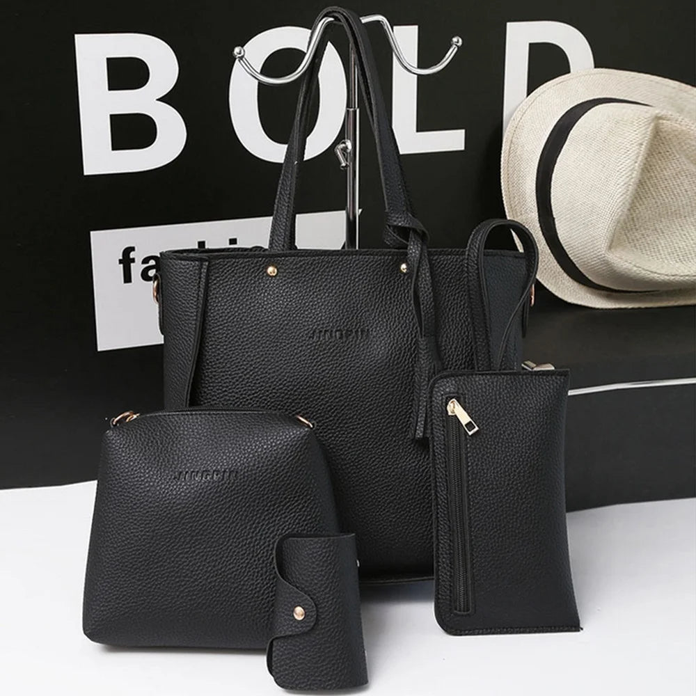 Women’S Polyester Solid Casual Crossbody Four Set Tote Bag, Black