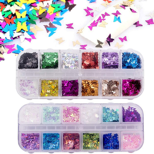 24 Color/Set 3D Butterfly Nail Glitter Sequins,  Laser Butterfly Nail Sequin Flake Acrylic Manicure Paillettes Face Body Lip Glitters for Nail Art Decoration Resin Mold DIY Makeup