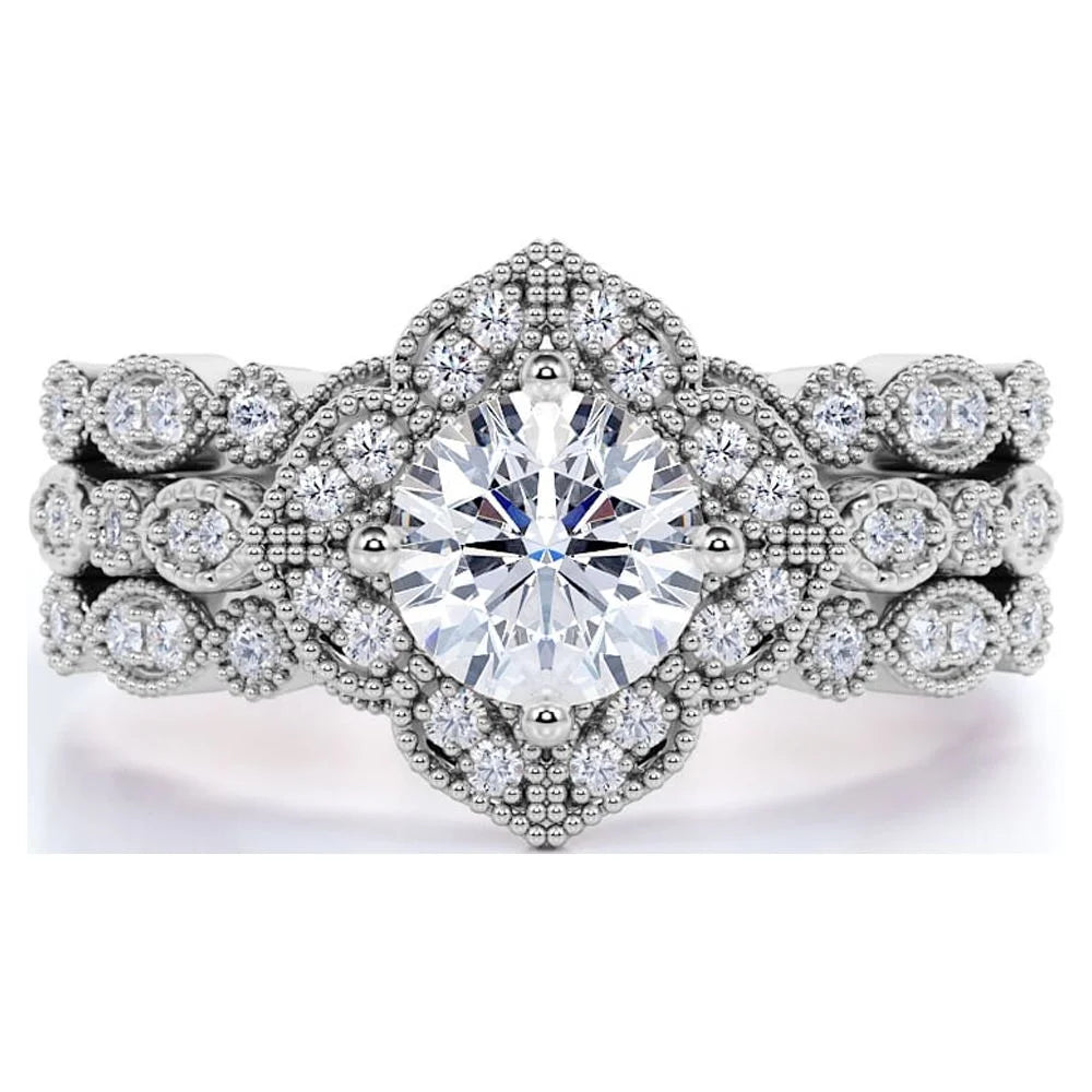 1.75 Carat round Cut Moissanite Trio Set - Bridal Set - Wedding Trio Set - Solitaire Ring - Anniversary Ring - 18K White Gold over Silver