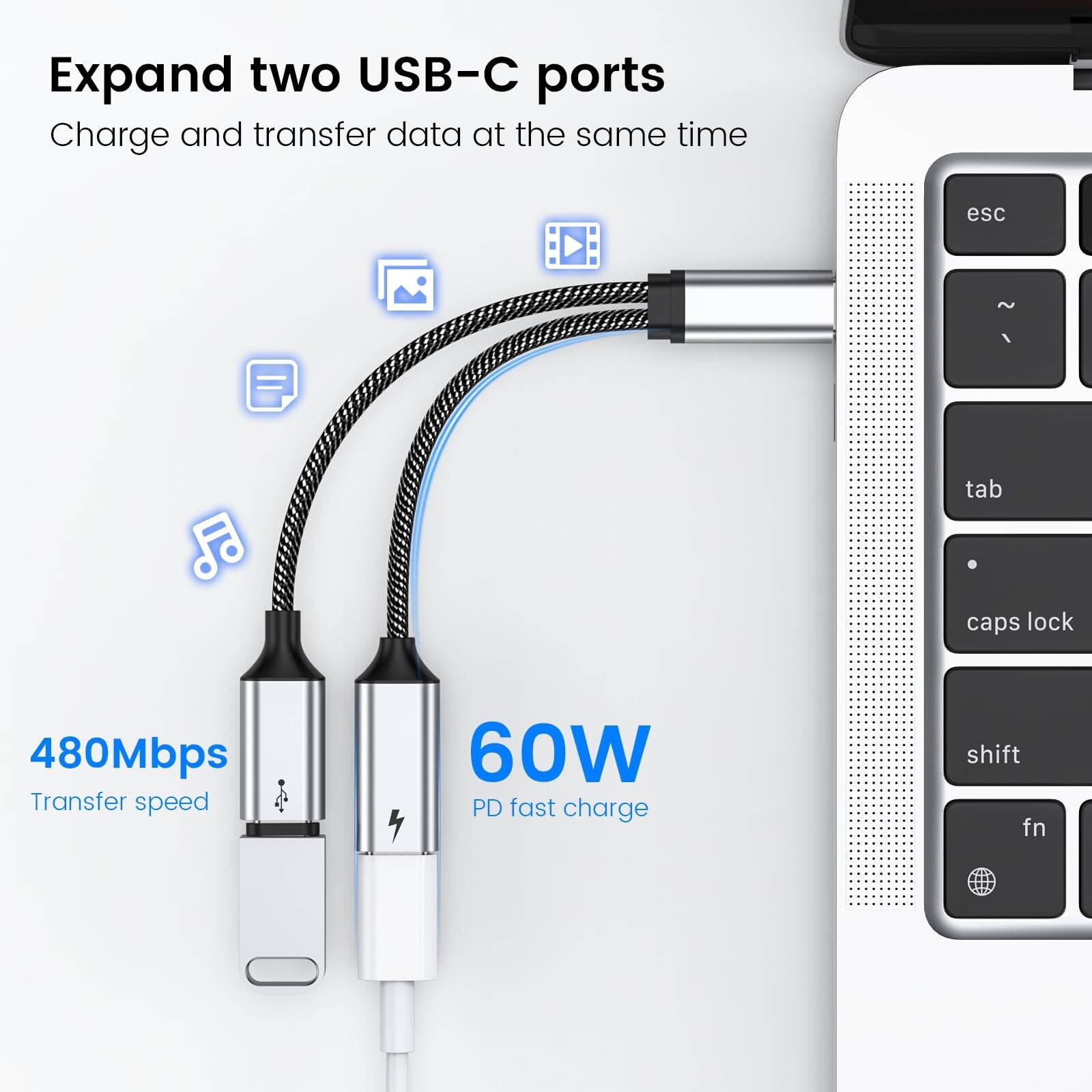 USB C Splitter USB C to USB C Female Adapter USB Y Splitter Cable(Not for Mon...