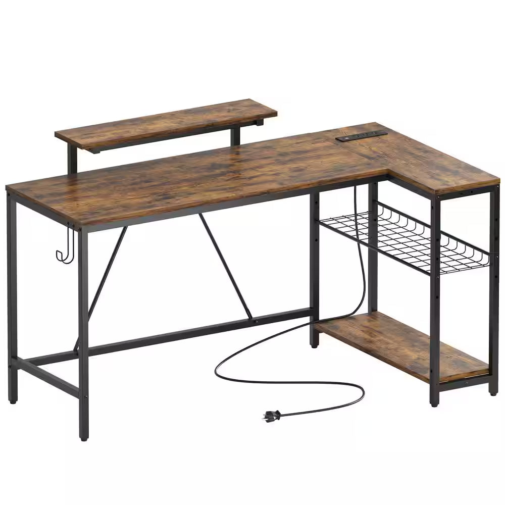 58 In. L-Shaped Rustic Brown LED Gaming Desk with Storage Shelf and Power Outlets