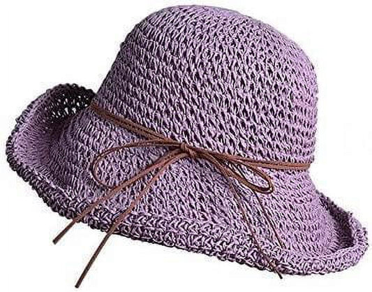 Womens Beach Sun Straw Hat Floppy Straw Sun Hat Travel Foldable Brim Summer Outdoor Sun Visor Hat for Women Girl Summer Outdoor Shade Tied Bow Foldable Hand-Woven,Purple