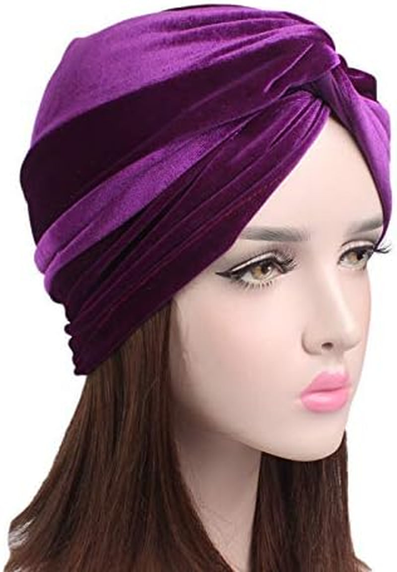 Women'S Stretch Velvet Twist Pleasted Hair Wrap Turban Hat Cancer Chemo Beanie Cap Headwear