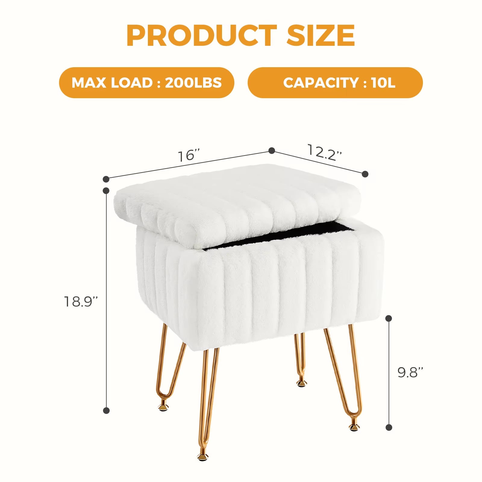 Faux Fur Living Room Hidden Storage Stools & Ottomans Padded Makeup with 4 Metal Legs Anti-Slip Adjustable Feet for Home