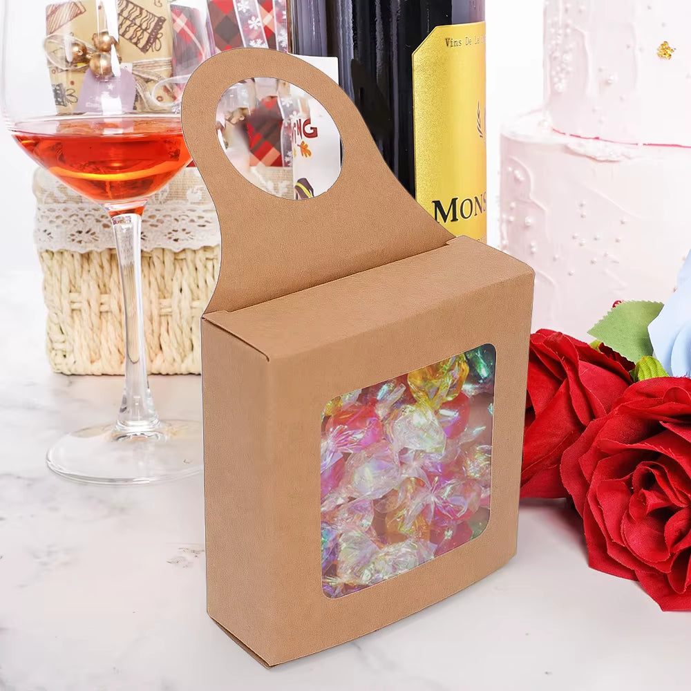 20/10PCS Kraft Paper Wine Bottle Box with Hook Foldable Design Candy Packaging Box Hangable Paper Box Weddings Party Decoration