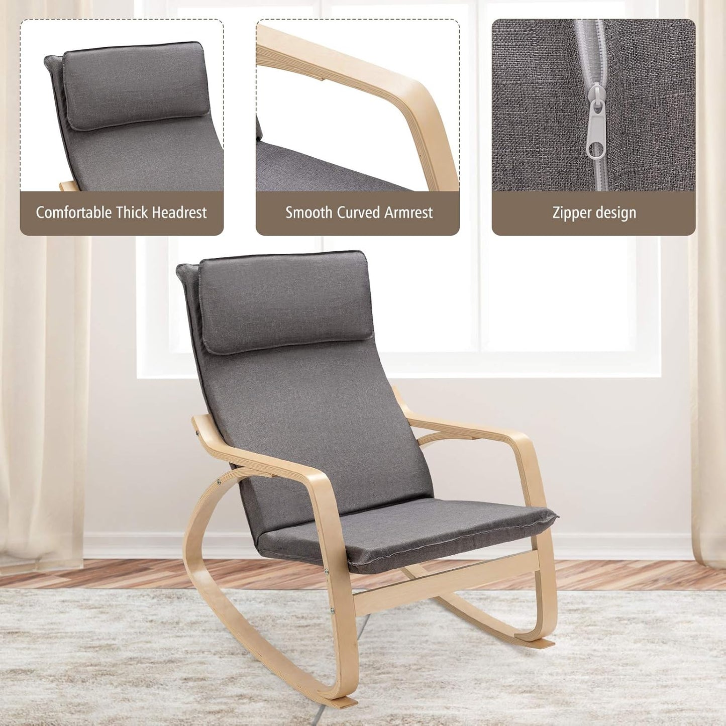 Rocking Chair with Removable Upholstered Cushion, Stable Wooden Frame Relaxing Modern Leisure Armchair Suitable for Living Room, Bedroom, Balcony, Nursery Room Ergonomic Chair (2, Gray)