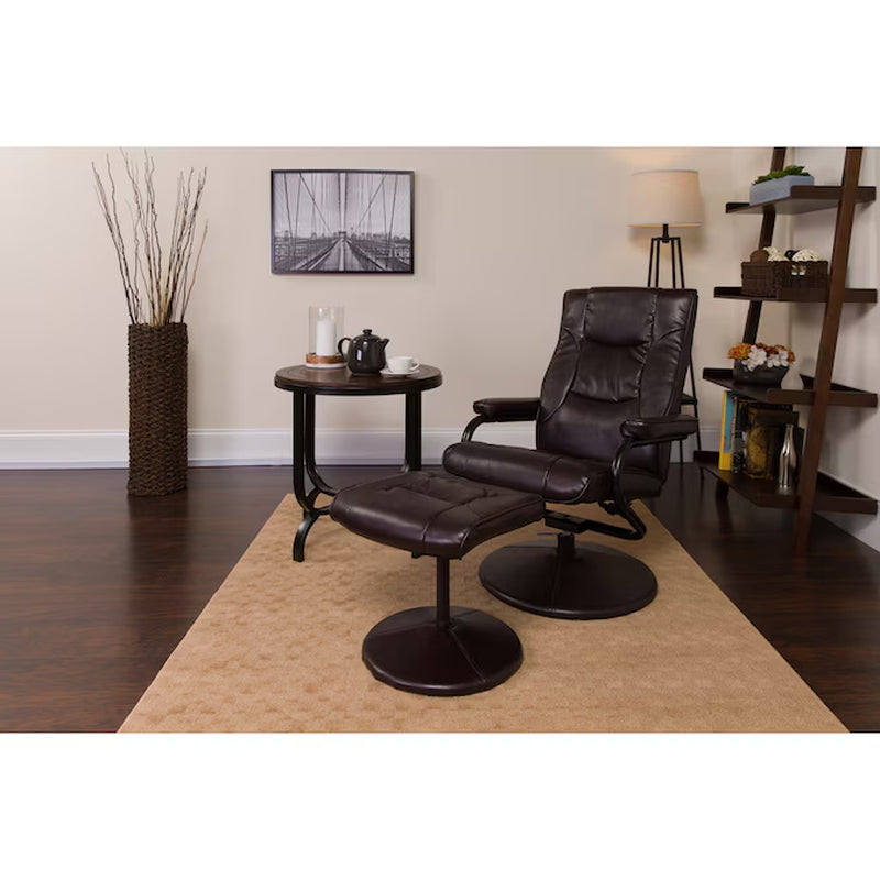 Brown Faux Leather Upholstered Swivel Recliner with Ottoman Set
