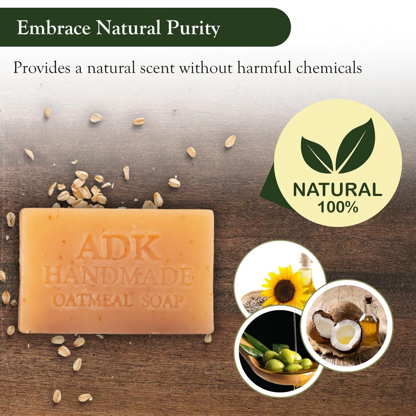 ADK Natural Oatmeal Soap Bar 16 Oz., Handmade Vegan Olive Oil Body Soap for Dry and Sensitive Skin, Moisturising for Men, Women & Babies, Produced in the USA