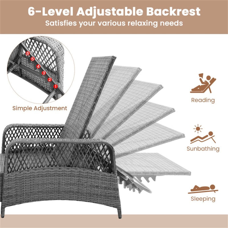 Outdoor Chaise Lounge Chair Recliner Rattan Mix Gray Steel Frame Stationary Chaise Lounge Chair with Off-White Polyester Cushioned Seat