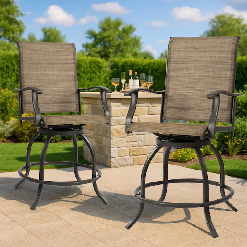 Patio Chairs Set of 2 Brown/Powder Coated Steel Frame Swivel Bar Stool Chair with Beige Woven Seat